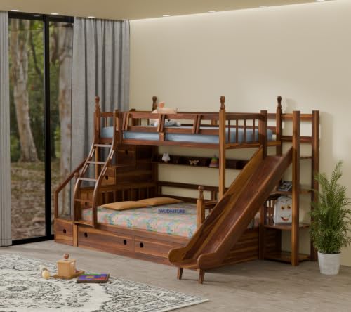 Image of Wudniture Solid Sheesham Wood Bunk Bed with Slide and Storage for Kids and Adults (Teak Finish)