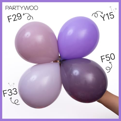 Image of PartyWoo Dusty Purple Balloons 100pcs Different Sizes Pack of 18 12 10 5 Inch Lavender Lilac Boho Neutral Balloon Arch Kit for Baby Shower Graduation Cat Tornado Birthday Party Decorations Purple-F33