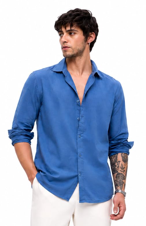 Men Relaxed Fit Blue Cotton Linen Casual Shirt, Spread Collar, Full Sleeves-image-18