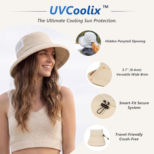 Image of TOP-EX ChicPony Women's Wide Brim Bucket Sun Hat with Ponytail Hole UPF 50 Summer Packable Sunhat for Travel Beach Outdoor
