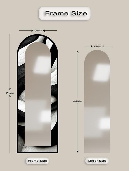 Specchio da pavimento a forma di onda bianca e nera, lunghezza completa, lunghezza completa, specchio ad arco a tutto corpo, specchio da pavimento macchiato con cornice nera e