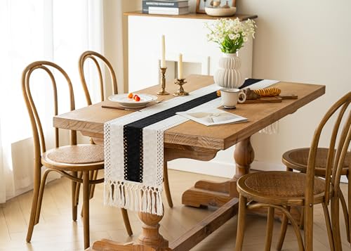 Image of FEXIA Boho Table Runner for Summer Home Decor with Tassels 72 Inches Long Farmhouse Rustic Black Gothic Table Runner Macrame Gothic Burlap Table Decoration for Kitchen Living Room (12x72 Inches)