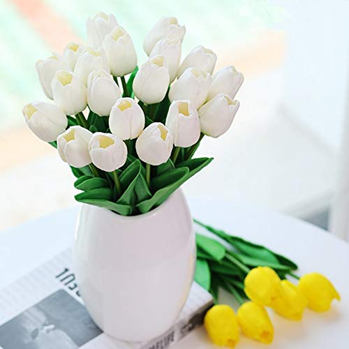 20Pcs Artificial Tulips Pu Touch Single Stem Fake Flower Bouquet Arrangement For Home Party Wedding Decoration (White) #TOP6