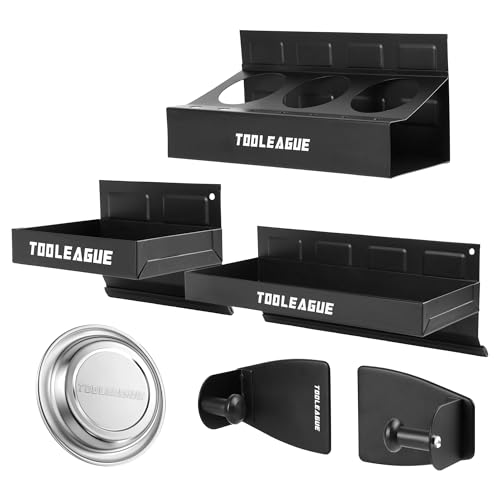TOOLEAGUE 5Pcs Magnetic Toolbox Shelf Tray and Holder Set 2 Trays Can Caddy & Screwdriver Holder Paper Towel 4 Diameter Round Magnetic Parts Bowl for Tool Organization and Storage