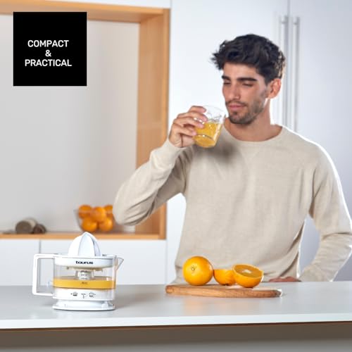Taurus - Exprimidor eléctrico TC-350 | 25W | Filtro de pulpa regulable | Depósito de 350 ml | Doble sentido de rotación | Desmontable | Diseño compacto | Jarra y cono aptos para lavavajillas | Blanco
