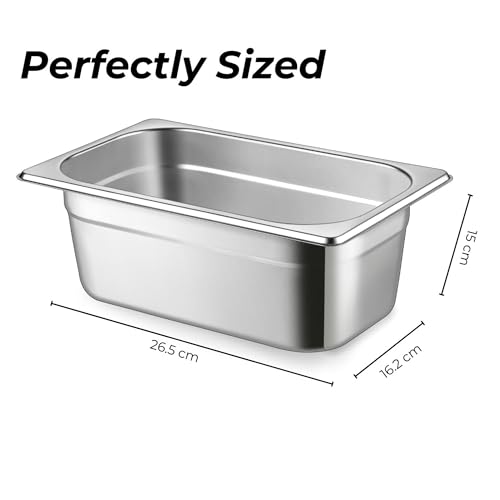 Image of HS Stainless Steel GN Pan Quarter Size 1 /4 150mm Depth 3.75L Capacity Anti-Jam Design 100% BIS Certified Raw Material European Standard Made in India 26.5 x 16.2 x 15 cm Professional Kitchen Grade