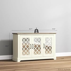 Galano millicent 3 door sideboard with acrylic mirrors kitchen buffet cabinet farmhouse coffee bar display cabinet for home kitchen living room dining room and hallway ivory knotty grey oak  urban country home decor