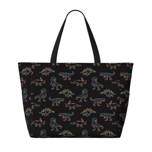 Neon Dinosaur Print Beach Pool Bags Tote For Women Ladies Large Gym Tote Carry On Bag For Weekender Travel Waterproof2