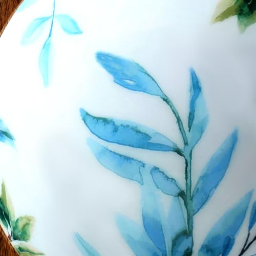 Image of SAAGA Printed Mango Wood Serving Bowl - 10 x 4 Inch Handcrafted Round Wooden Bowl | Food-Grade Finish for Noodles, Soups, Curries & Snacks - White & Aquamarine