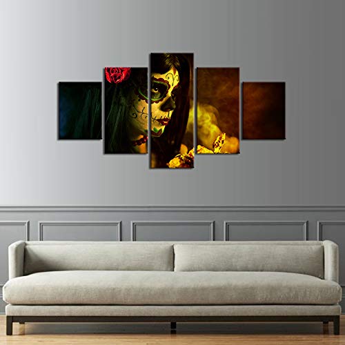 Day Of The Dead Sugar Skull Girl's Face Canvas Wall Art Painting 5 Panel Modern Dia De Los Muertos Posters And Prints Pictures For Living Room,Home Decor Framed Stretched Ready To Hang(60''Wx32''H) #TOP5