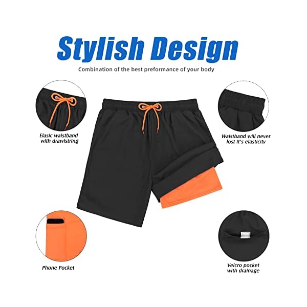 Mens Swim Shorts Mens Bathing Suits Mens Swim Trunks with Compression Liner Quick Dry Board Shorts Black L - Image 7