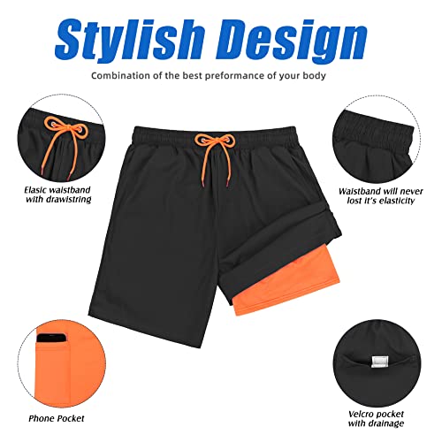 Mens Swim Shorts Mens Bathing Suits Mens Swim Trunks with Compression Liner Quick Dry Board Shorts Black L - Image 7