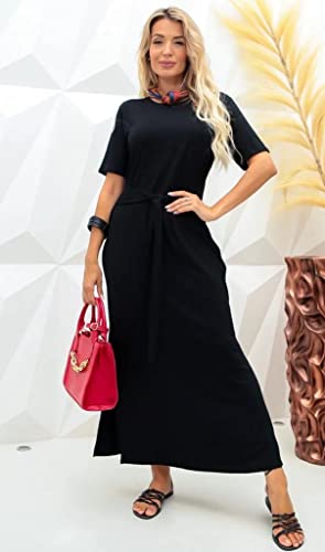 Vestido Longo Viscolycra Elegant Com Detalhe na Cintura Fendas Laterais Festa (Azul, G-GG (Veste 38