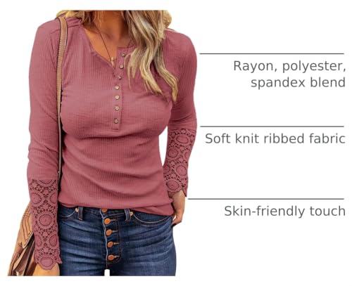 Image of Kancystore Women's Fall Long Sleeve Tops Lace V Neck Button Down Henley Shirts Tunic Blouses