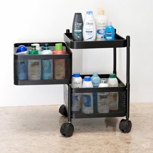Image of RADIANT 2 Layer Multipurpose Plastic Trolley with Dish Rack for Kitchen Fruit Vegetable Storage Basket Kitchenware Food, Snacks, Toys, Tiered Shelf (Black) (Square Trolley - 2 Layer)
