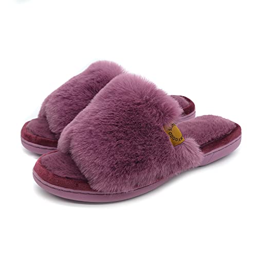 Onmygogo Furry Indoor Slippers for Women Open Toe with Memory Foam Soft Faux Fur Nonslip House Slippers(Plum M)