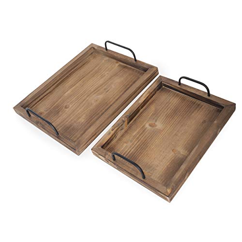Besti Rustic Vintage Food Serving Trays (Set Of 2) | Nesting Wooden Board With Metal Handles | Stylish Farmhouse Decor Serving Platters | Large: 15 X2 X11" - Small: 13 X2 X9" Inches (Rustic Burnt) #TOP4