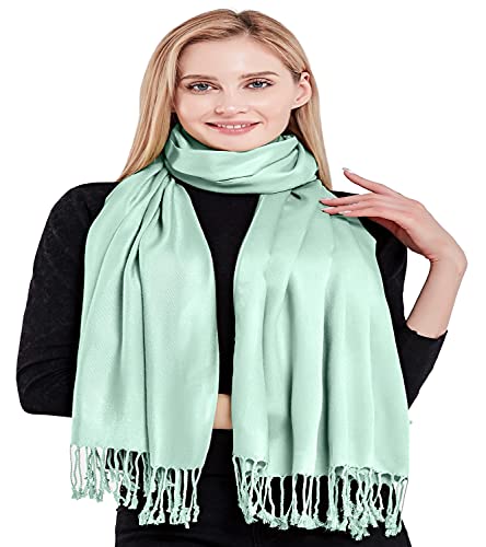 CJ Apparel Baby Green Celeste Pale Cyan Sky Blue Solid Color Tassels Design Nepalese Shawl Seconds Scarf Wrap Stole Throw Head Wrap Pashmina Hand Made in Nepal New4