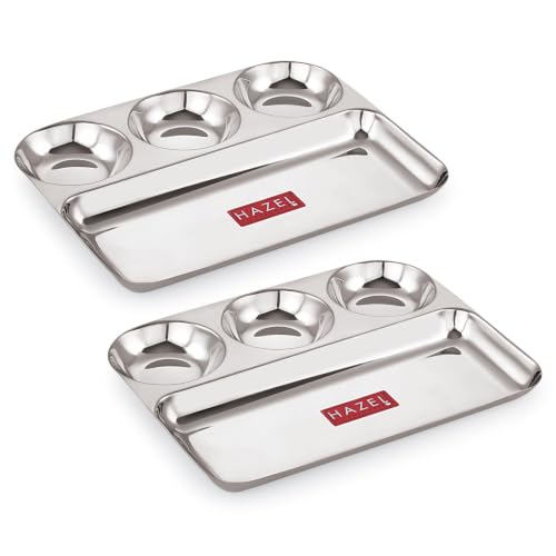 Image of HAZEL 4 Compartment Stainless Steel Lunch Plate Set of 2 | All in 1 Big Section Plate