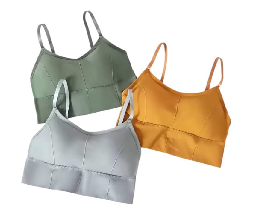Women's Cotton Wire-Free Full Coverage Lightly Padded Sports Bra - Comfortable & Supportive Everyday Wear - Pack of 3 (Size- L, Green, Yellow, Grey)-image-49