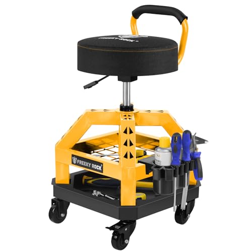 FREEKYROCK Rolling Shop Stool with Wheels Heavy Duty Garage Work Mechanic Stool with Backrest Adjustable Height 360Swivel Rolling Chair with Tool Tray Storage 330 LBS Capacity Yellow