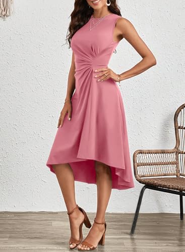 Image of Happy Sailed Women's Summer Dresses Sleeveless Ruched Waist A Line High Low Midi Cocktail Dress(Waist Tight,Please Size Up)