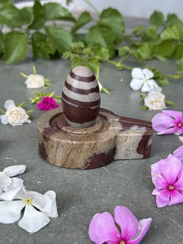 Image of Shivam VASTU AKAL 1.5 inch Original Narmadeshwar Narmada Shivling with 3 inch Narmada Stone Yoni Base Jaladhari (Janeudhari Shivling, Multicolor Flate Jaladhari)