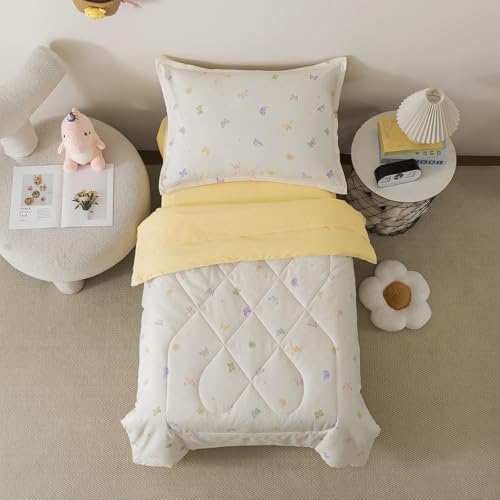Image of Caressma 5 Pieces Twin Comforter Set for Kids - Soft Prewashed Cotton Colourful Butterfly Print Bedding Set, Includes Comforter, Fitted Sheet, Flat Sheet, Pillow Case & Pillow Sham for All Seasons