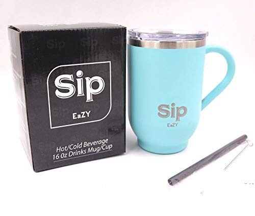 Turquoise Stainless Steel Insulated Cup, Handle & Lid 16oz- Hot 6 hours Cold
