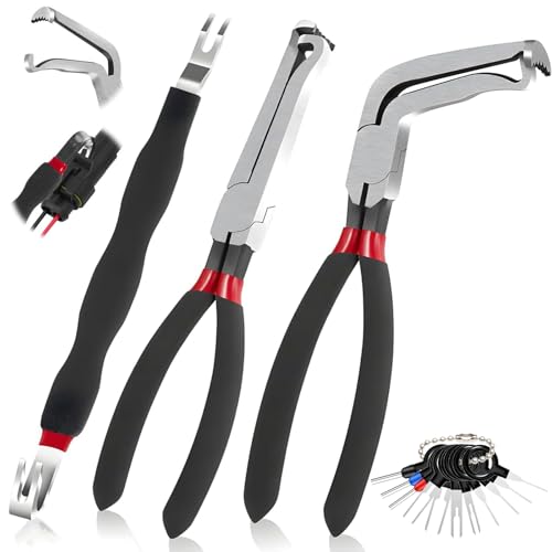 4Pcs Electrical Disconnect Pliers Set, Straight & 60° Degree & Connector Separator + 11 Terminal Removal Tools, Electrical Connector Pliers for Car Mechanics & DIY Repairs