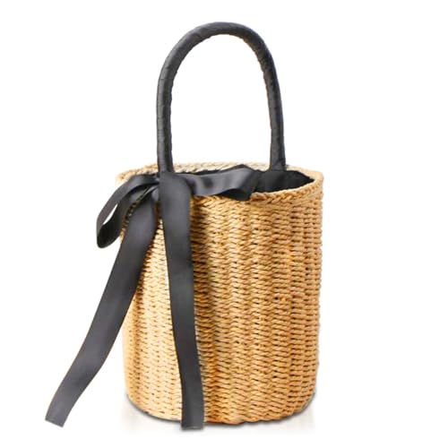 Bolso de paja tipo tote para mujer, bolso cilíndrico tejido a mano con cinta, ideal para playa, vacaciones, viajes y uso diario miniatura 1
