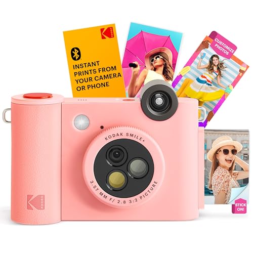 KODAK Smile+ 2-in-1 Digital Instant Print Camera & Wireless Bluetooth Photo Printer - 10MP, Special-Effect Rotating Lens, Zink 2x3 Inch Sticky-Back Photos, Print via Fun App from Smart Devices - Pink