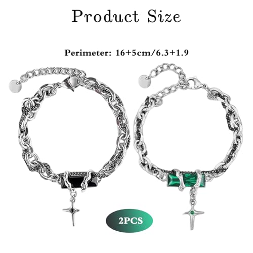 Image of 2PCS Gothic Punk Bracelet Double for Men-Linked Chain Adjustable Black Green Twisted Design Biker Jewelry Gift for Boyfriend Husband