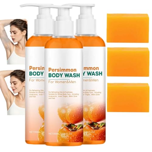 Mydło Persimmon Bar Body Wash, naturalny zapach ciała, eliminuje starzenie się zapachów, dezodoryzuje i oczyszcza, delikatne czyszczenie, kontrola zapachu ciała, odświeżający ciało, długi (3 szt.)