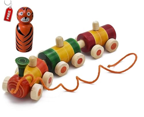 Image of Channapatna Toys Wooden Train for 12 Months & Above Kids, Toddlers, Infant & Preschool Toys - Multicolor - with Attached String- Encourage Walking, Free Tiger peg Doll