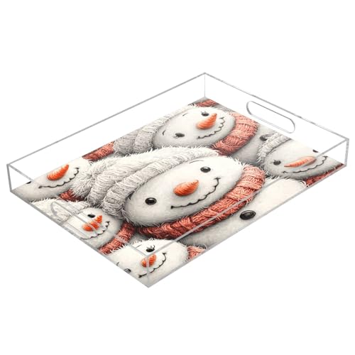 Msyxl Cute Snowman Serving Tray for Coffee Table, Decorative Acrylic Tray Cute Snowman Tray with with Handles for Breakfast, Ottoman, Countertop, 12x16 in