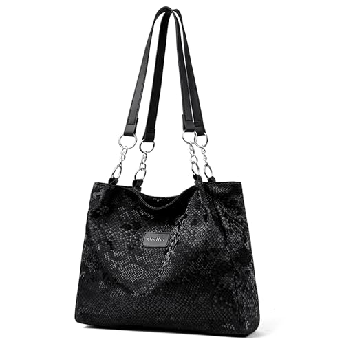 GwaOery Tote Bags for Womens Ladies Shoulder Large Capacity Handbag with Chain PU Faux Leather for School Work Shopping Large Capacity bag with Zip and Inner Pocket, Black