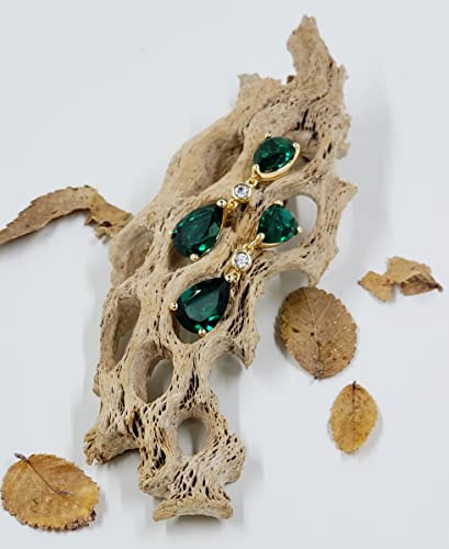 Tirafina Lab-Created Emerald And Lab-Created White Sapphire Pear Drop Earrings, Double Pear-Shaped Drops Connected By Round Lab-Created White Sapphire, Birthstone Jewelry, 14K Yellow Gold Plated Silver (9X6Mm, 10X7Mm Stones) #TOP5