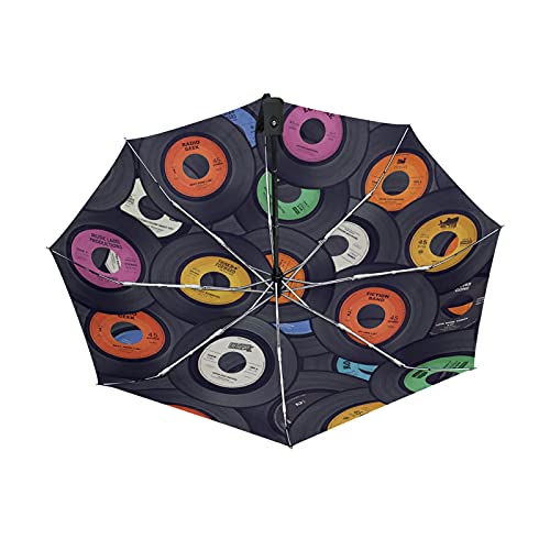 Parapluie pliable automatique de style vintage au motif de disque vinyle coloré