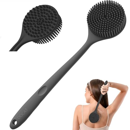 Image of DOCAT Premium Soft Silicone Body Scrubber for Bathing Shower, Long Handle Back Scrubber for Bathing, Long Lasting Body Scrubber for Women and Men Bath & Shower Accessories (Black)