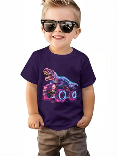 Lovekider 5T Boys Shirts Purple T-Rex Truck T-Shirts Short Sleeve Tops Dino Graphic Summer Cotton Tees Size 5