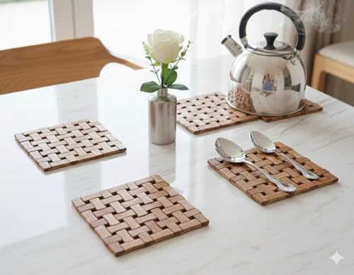 Image of CASA-NEST Square Shape Heating Insulation Resistant Natural Bamboo Wooden Coaster, Set of 4 PCS(15X15CM) Heat Table Ware Pad Place mat for Hot Coffee, Bowl Tea Cup, Home, Kitchen Dining Pan Pot Holder