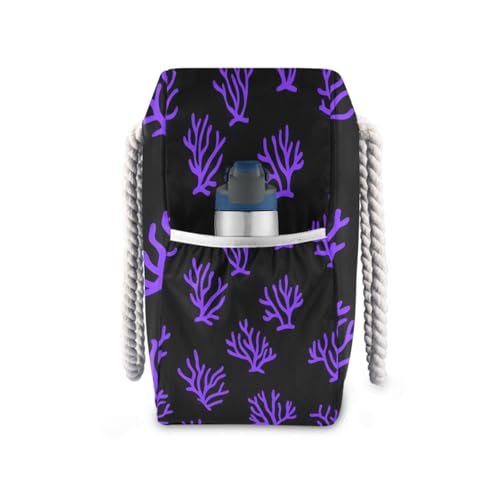 Beach Bag - Large Tote Bags for Women Purple Coral on Black Shoulder Bags Zipper Waterproof Sandproof for Travel Gym Swim Daily3