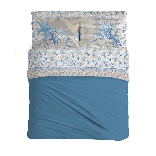 PENSIERI DELICATI Completo Letto Matrimoniale 100% Cotone, Completo Lenzuola Matrimoniali 180x200 Comprensivo di Lenzuolo sotto, sopra e 2 Federe, Made in Italy, Fantasia Marina Azzurro