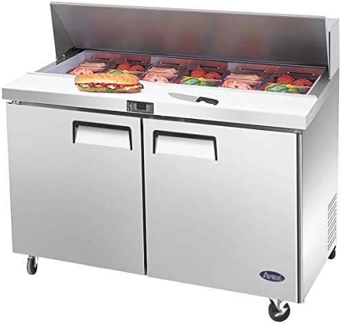Salad Sandwich Prep Table Refrigerator,ATOSA Medium Commercial Double 2 door Stainless Steel Salad Sandwich Prep Table Refrigerator MSF8302GR for Restaurant Kitchen 12 Cu.Ft.48W30D43.7H inch 33℉—38℉