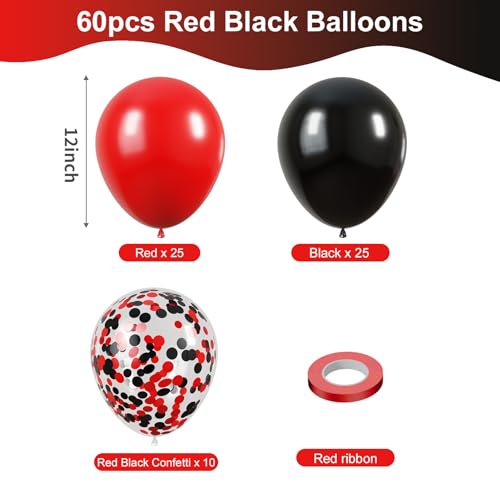Image of KBZVNAF Red and Black Latex Balloons - 60 Pack 12 inch Black Red Confetti Party Balloons for Birthday, Graduation, Baby Shower, Wedding Party Decorations