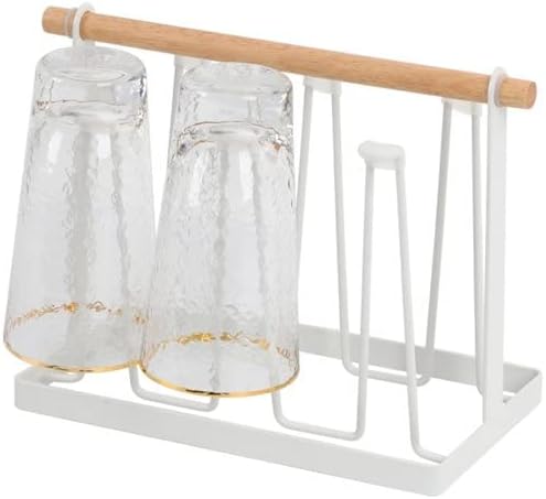 VIO Cup Drying Rack, 6 Cup Drainer Stand Rack Non-slip Mugs Cups Organizer with Wood Handle and Detachable Drip Tray, Mug Tree for Kitchen (WHITE)