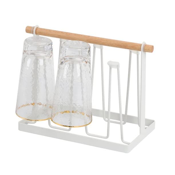 VIO Cup Drying Rack, 6 Cup Drainer Stand Rack Non-slip Mugs Cups Organizer with Wood Handle and Detachable Drip Tray, Mug Tree for Kitchen (WHITE)