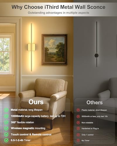 Image of Battery Powered Wall Sconce Set of Two: Gold Wireless Rechargeable Wall Lights with Touch and Remote Control, 360Rotatable 4CCT Dimmable Cordless Scone Lighting Decor for TV Wall Bedroom Bathroom