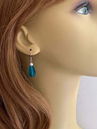 Teal Blue Sea Glass Teardrop With Pearl Dangle Earrings For Women Handmade #TOP3